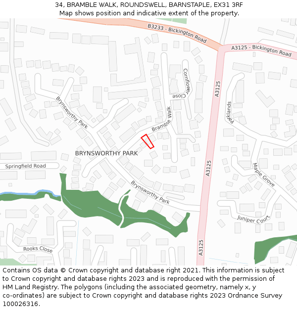 34, BRAMBLE WALK, ROUNDSWELL, BARNSTAPLE, EX31 3RF: Location map and indicative extent of plot