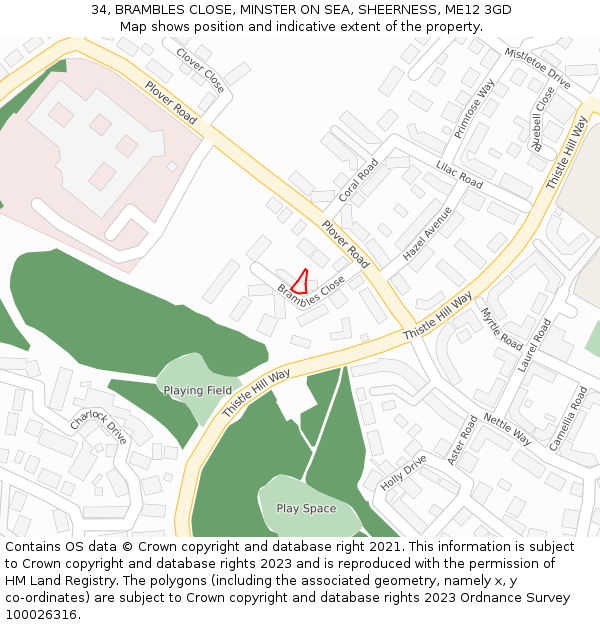 34, BRAMBLES CLOSE, MINSTER ON SEA, SHEERNESS, ME12 3GD: Location map and indicative extent of plot
