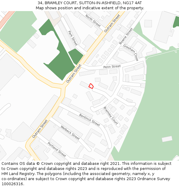 34, BRAMLEY COURT, SUTTON-IN-ASHFIELD, NG17 4AT: Location map and indicative extent of plot