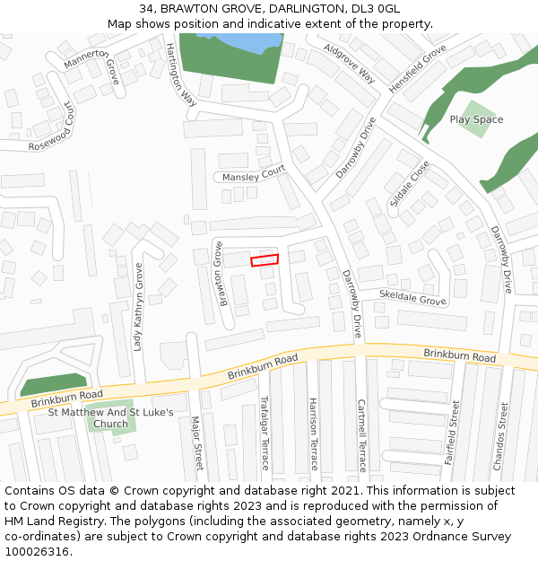 34, BRAWTON GROVE, DARLINGTON, DL3 0GL: Location map and indicative extent of plot