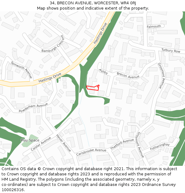 34, BRECON AVENUE, WORCESTER, WR4 0RJ: Location map and indicative extent of plot