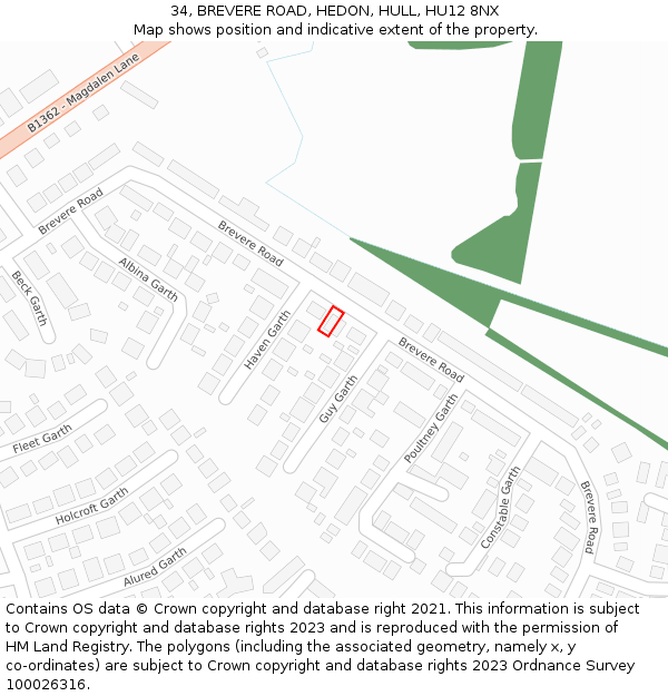 34, BREVERE ROAD, HEDON, HULL, HU12 8NX: Location map and indicative extent of plot