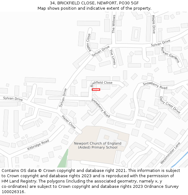 34, BRICKFIELD CLOSE, NEWPORT, PO30 5GF: Location map and indicative extent of plot