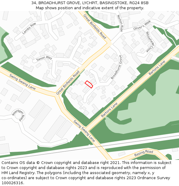 34, BROADHURST GROVE, LYCHPIT, BASINGSTOKE, RG24 8SB: Location map and indicative extent of plot