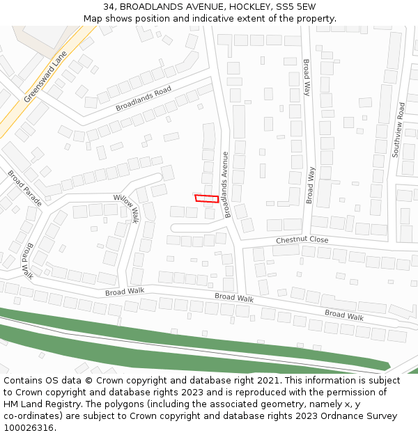 34, BROADLANDS AVENUE, HOCKLEY, SS5 5EW: Location map and indicative extent of plot