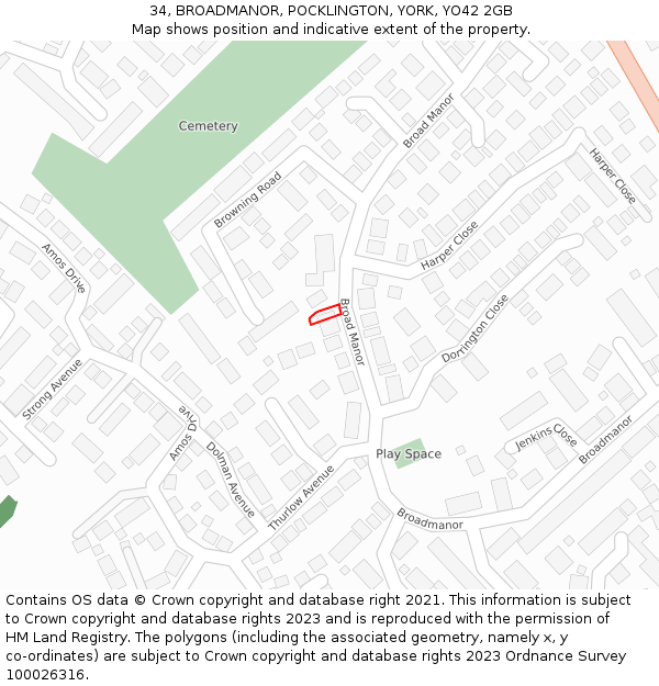 34, BROADMANOR, POCKLINGTON, YORK, YO42 2GB: Location map and indicative extent of plot