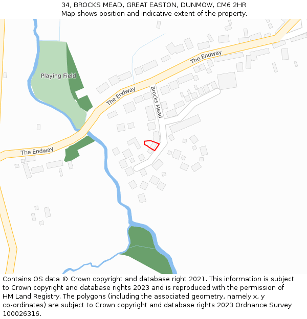 34, BROCKS MEAD, GREAT EASTON, DUNMOW, CM6 2HR: Location map and indicative extent of plot