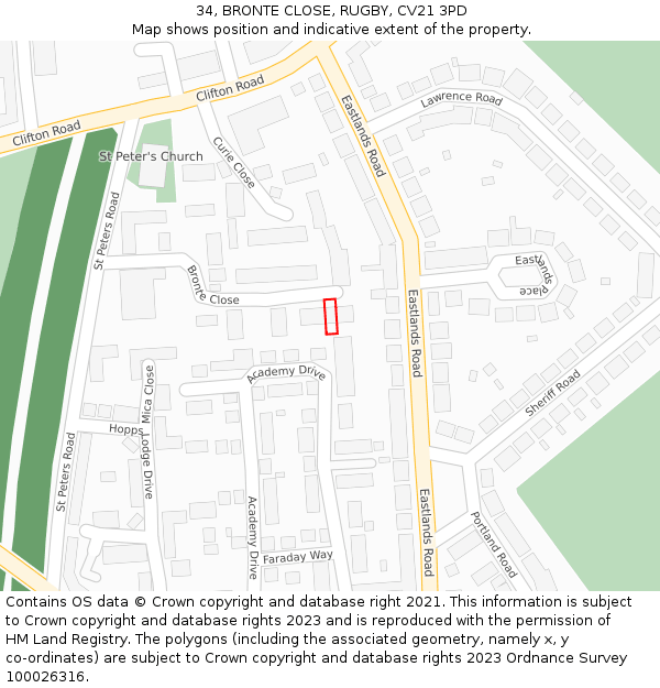 34, BRONTE CLOSE, RUGBY, CV21 3PD: Location map and indicative extent of plot