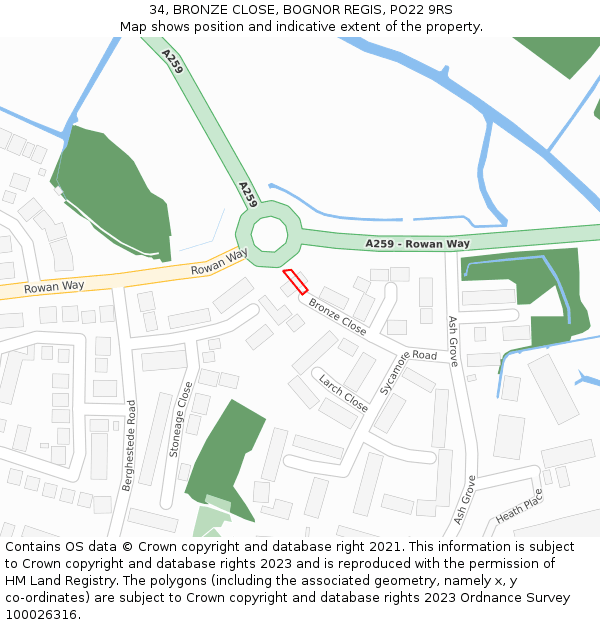 34, BRONZE CLOSE, BOGNOR REGIS, PO22 9RS: Location map and indicative extent of plot