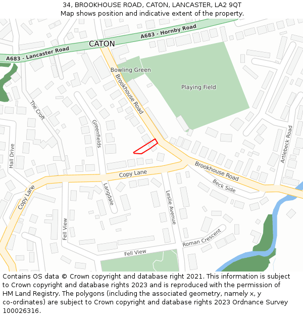 34, BROOKHOUSE ROAD, CATON, LANCASTER, LA2 9QT: Location map and indicative extent of plot