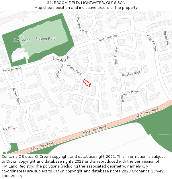 34, BROOM FIELD, LIGHTWATER, GU18 5QN: Location map and indicative extent of plot