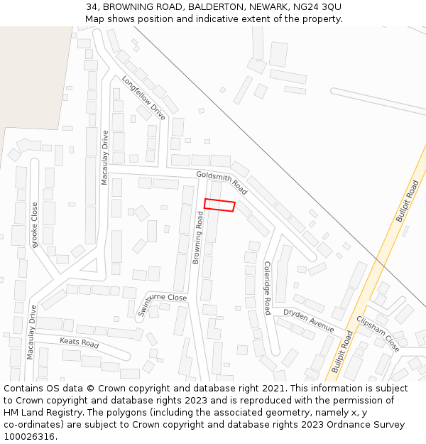 34, BROWNING ROAD, BALDERTON, NEWARK, NG24 3QU: Location map and indicative extent of plot