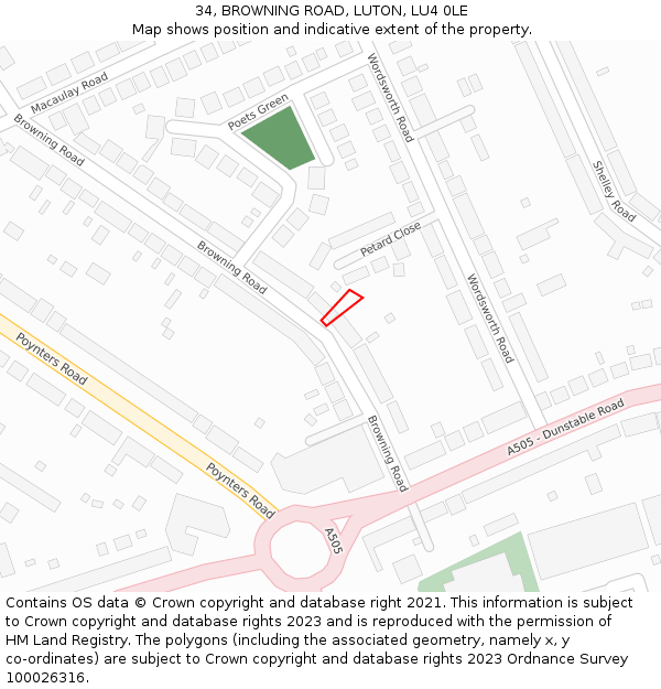 34, BROWNING ROAD, LUTON, LU4 0LE: Location map and indicative extent of plot