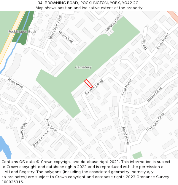 34, BROWNING ROAD, POCKLINGTON, YORK, YO42 2GL: Location map and indicative extent of plot