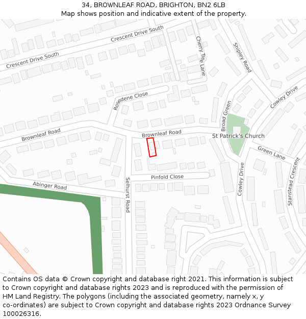 34, BROWNLEAF ROAD, BRIGHTON, BN2 6LB: Location map and indicative extent of plot