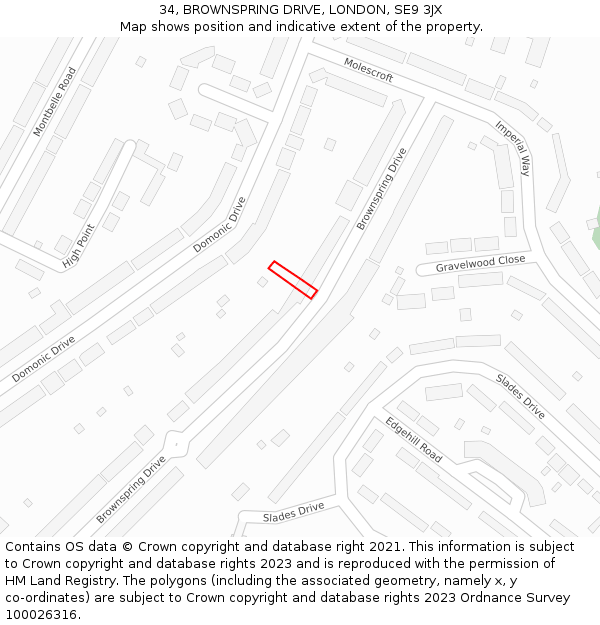 34, BROWNSPRING DRIVE, LONDON, SE9 3JX: Location map and indicative extent of plot