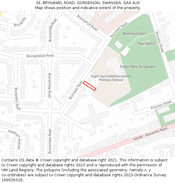 34, BRYNAWEL ROAD, GORSEINON, SWANSEA, SA4 4UX: Location map and indicative extent of plot