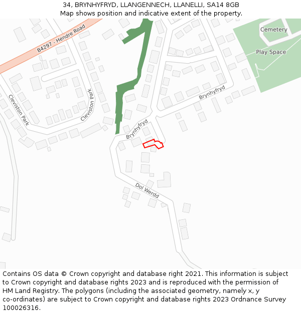 34, BRYNHYFRYD, LLANGENNECH, LLANELLI, SA14 8GB: Location map and indicative extent of plot