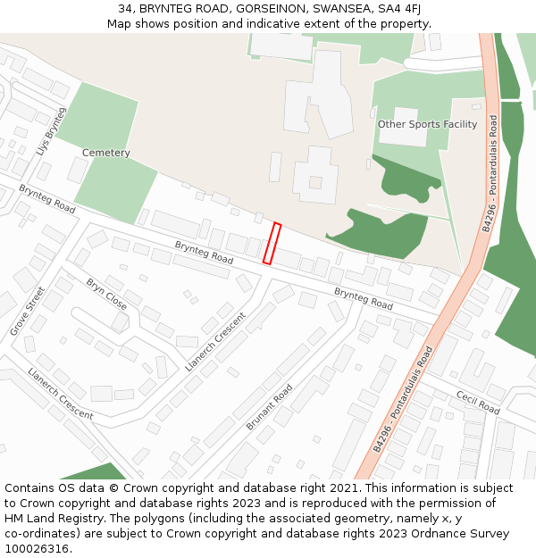 34, BRYNTEG ROAD, GORSEINON, SWANSEA, SA4 4FJ: Location map and indicative extent of plot