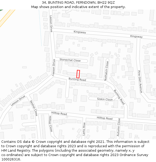 34, BUNTING ROAD, FERNDOWN, BH22 9QZ: Location map and indicative extent of plot