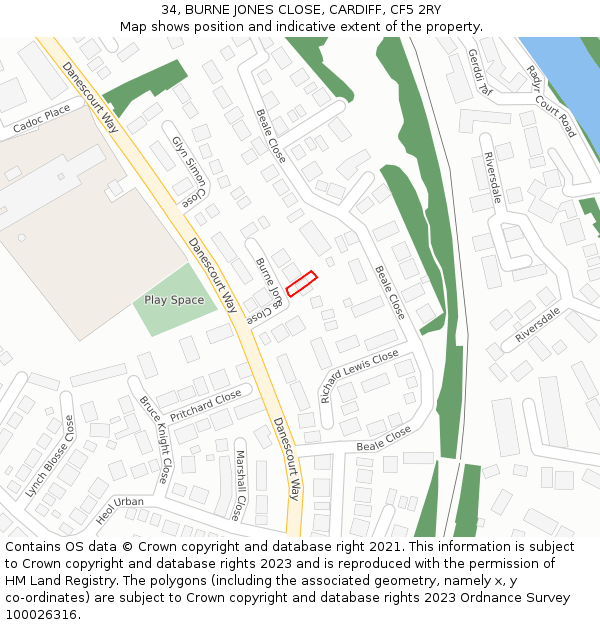 34, BURNE JONES CLOSE, CARDIFF, CF5 2RY: Location map and indicative extent of plot