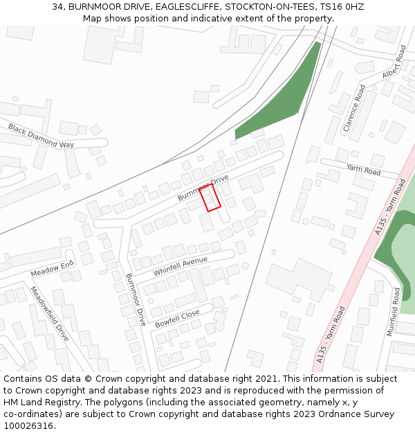 34, BURNMOOR DRIVE, EAGLESCLIFFE, STOCKTON-ON-TEES, TS16 0HZ: Location map and indicative extent of plot