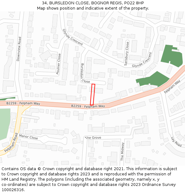 34, BURSLEDON CLOSE, BOGNOR REGIS, PO22 8HP: Location map and indicative extent of plot