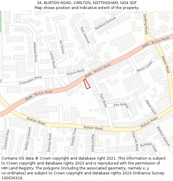 34, BURTON ROAD, CARLTON, NOTTINGHAM, NG4 3DF: Location map and indicative extent of plot