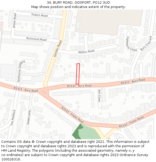 34, BURY ROAD, GOSPORT, PO12 3UD: Location map and indicative extent of plot