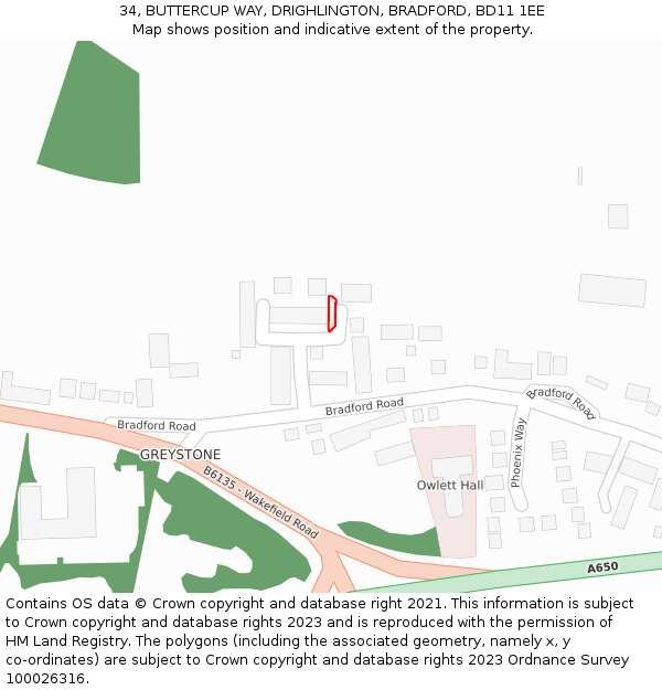 34, BUTTERCUP WAY, DRIGHLINGTON, BRADFORD, BD11 1EE: Location map and indicative extent of plot
