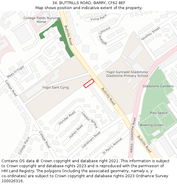 34, BUTTRILLS ROAD, BARRY, CF62 8EF: Location map and indicative extent of plot