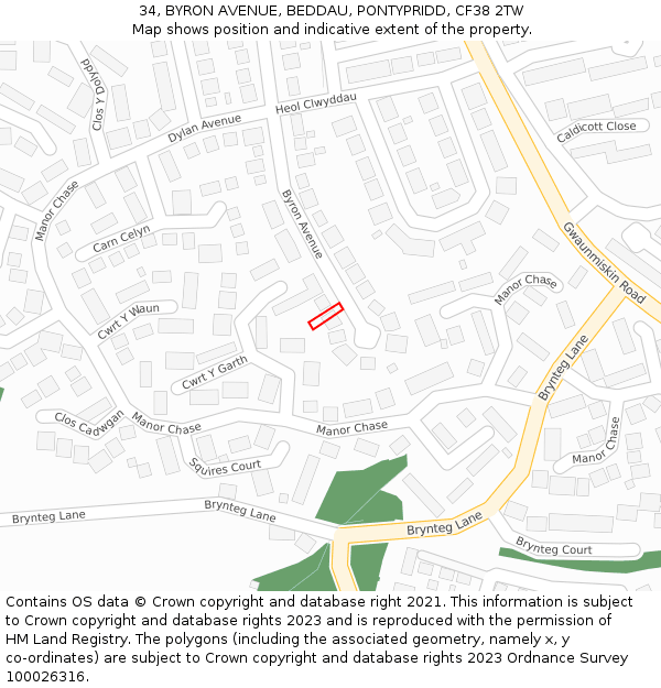 34, BYRON AVENUE, BEDDAU, PONTYPRIDD, CF38 2TW: Location map and indicative extent of plot