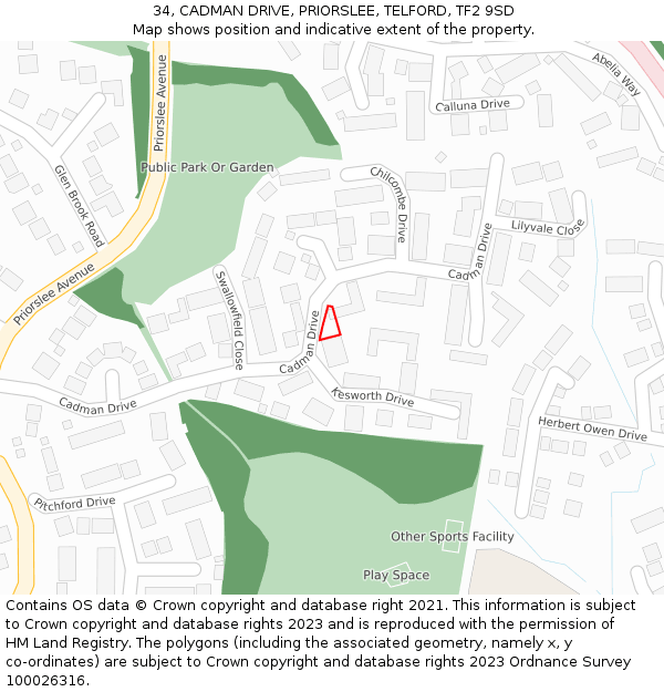 34, CADMAN DRIVE, PRIORSLEE, TELFORD, TF2 9SD: Location map and indicative extent of plot