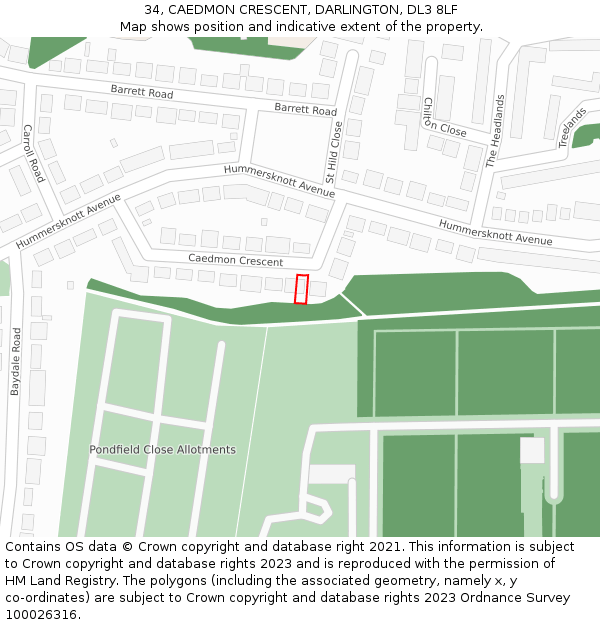 34, CAEDMON CRESCENT, DARLINGTON, DL3 8LF: Location map and indicative extent of plot