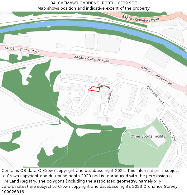 34, CAEMAWR GARDENS, PORTH, CF39 9DB: Location map and indicative extent of plot