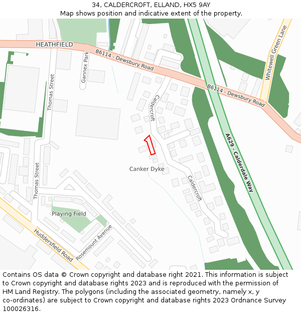 34, CALDERCROFT, ELLAND, HX5 9AY: Location map and indicative extent of plot