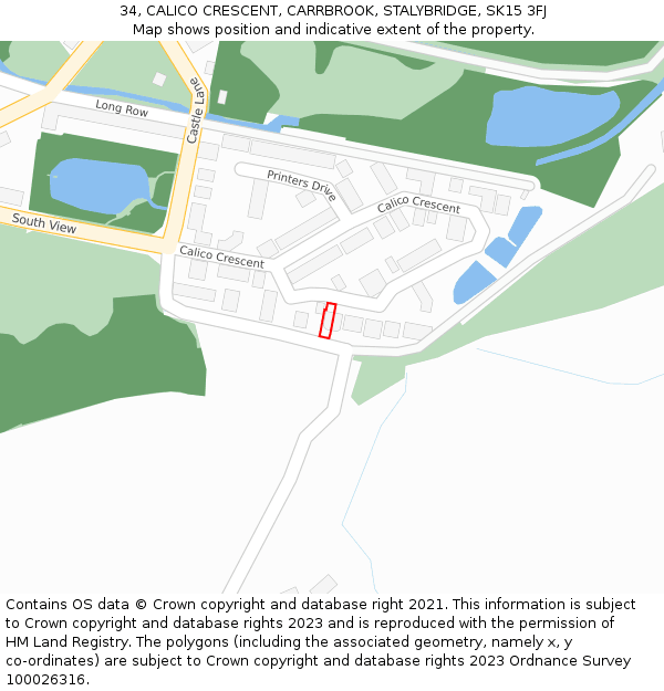 34, CALICO CRESCENT, CARRBROOK, STALYBRIDGE, SK15 3FJ: Location map and indicative extent of plot