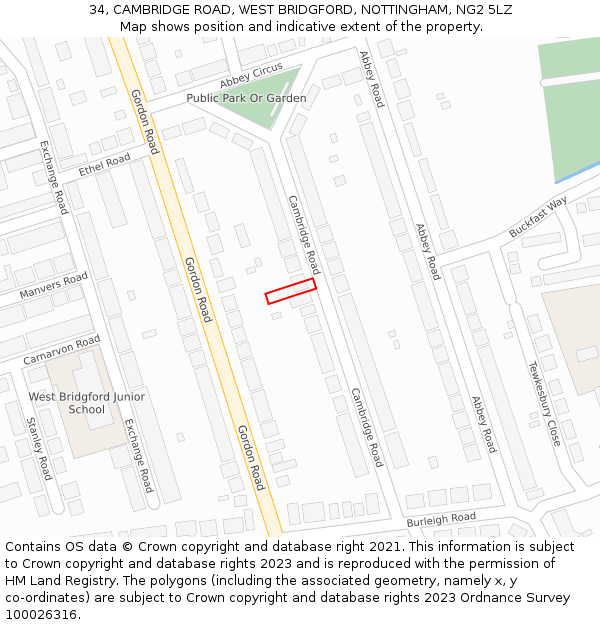 34, CAMBRIDGE ROAD, WEST BRIDGFORD, NOTTINGHAM, NG2 5LZ: Location map and indicative extent of plot