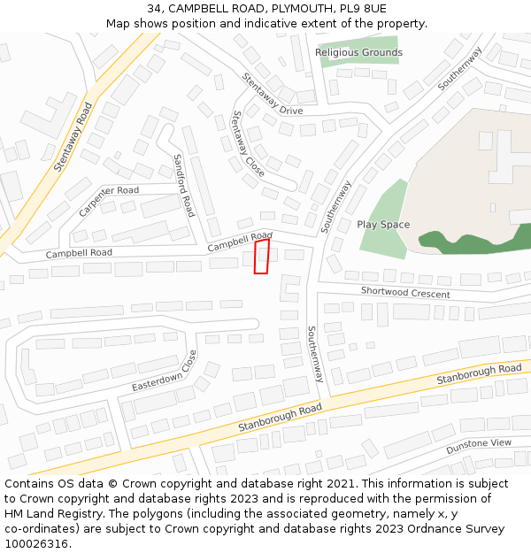 34, CAMPBELL ROAD, PLYMOUTH, PL9 8UE: Location map and indicative extent of plot