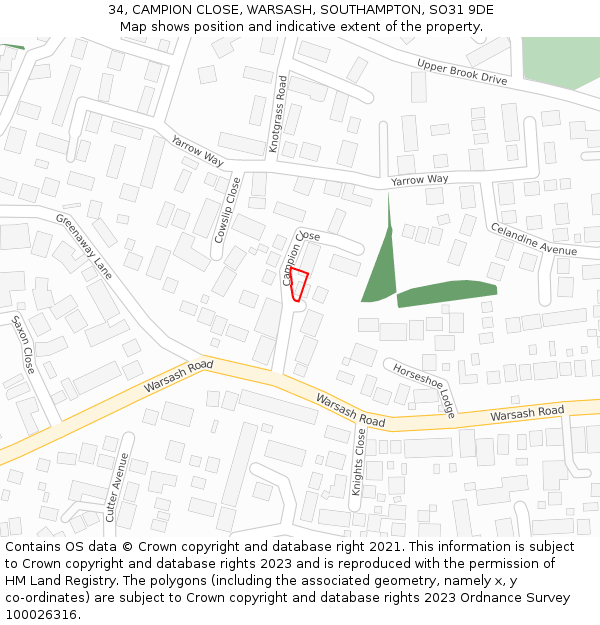 34, CAMPION CLOSE, WARSASH, SOUTHAMPTON, SO31 9DE: Location map and indicative extent of plot