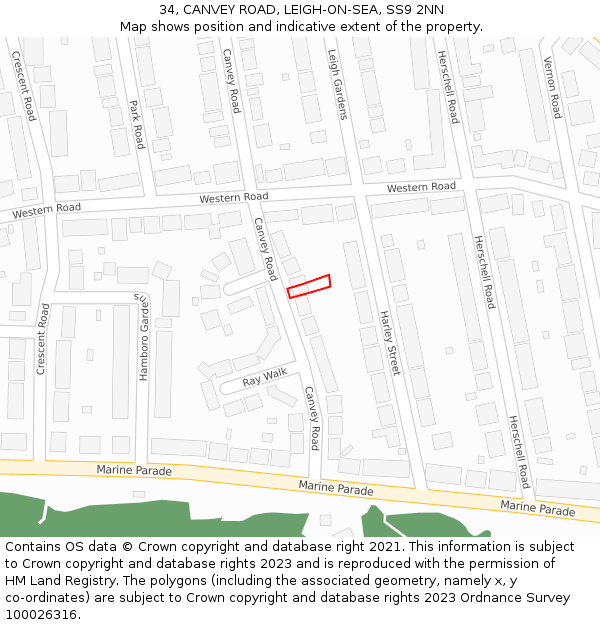 34, CANVEY ROAD, LEIGH-ON-SEA, SS9 2NN: Location map and indicative extent of plot