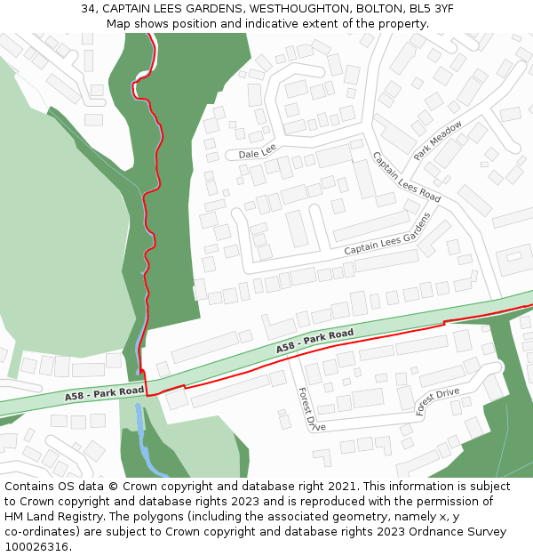 34, CAPTAIN LEES GARDENS, WESTHOUGHTON, BOLTON, BL5 3YF: Location map and indicative extent of plot