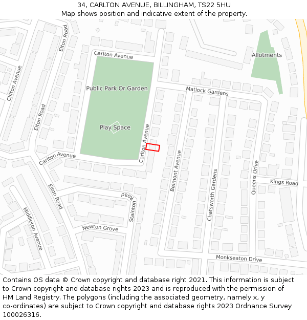 34, CARLTON AVENUE, BILLINGHAM, TS22 5HU: Location map and indicative extent of plot