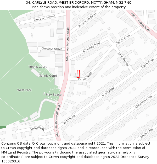 34, CARLYLE ROAD, WEST BRIDGFORD, NOTTINGHAM, NG2 7NQ: Location map and indicative extent of plot