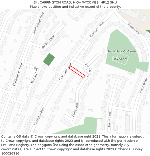 34, CARRINGTON ROAD, HIGH WYCOMBE, HP12 3HU: Location map and indicative extent of plot