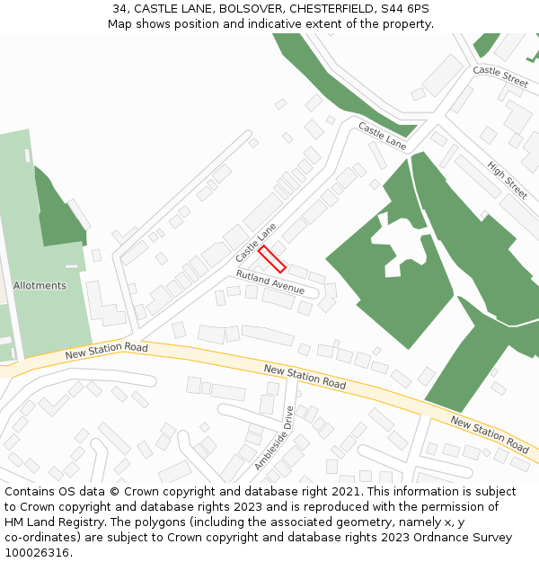 34, CASTLE LANE, BOLSOVER, CHESTERFIELD, S44 6PS: Location map and indicative extent of plot