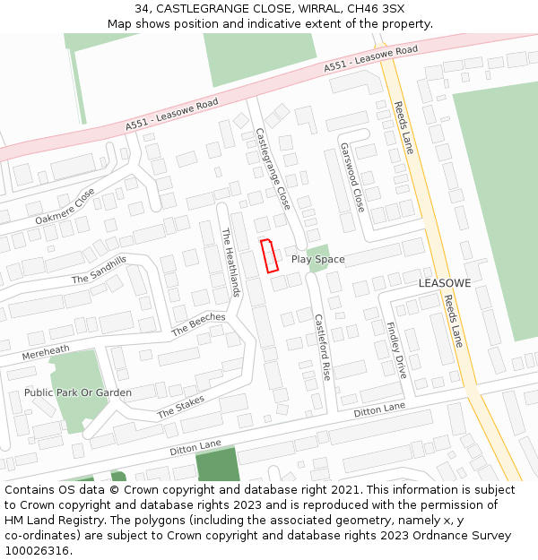 34, CASTLEGRANGE CLOSE, WIRRAL, CH46 3SX: Location map and indicative extent of plot