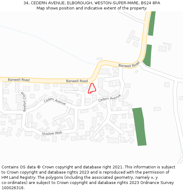 34, CEDERN AVENUE, ELBOROUGH, WESTON-SUPER-MARE, BS24 8PA: Location map and indicative extent of plot