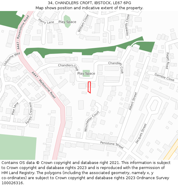 34, CHANDLERS CROFT, IBSTOCK, LE67 6PG: Location map and indicative extent of plot