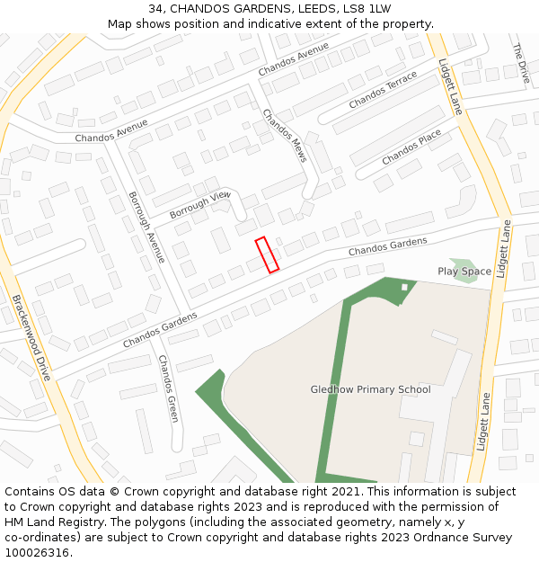 34, CHANDOS GARDENS, LEEDS, LS8 1LW: Location map and indicative extent of plot